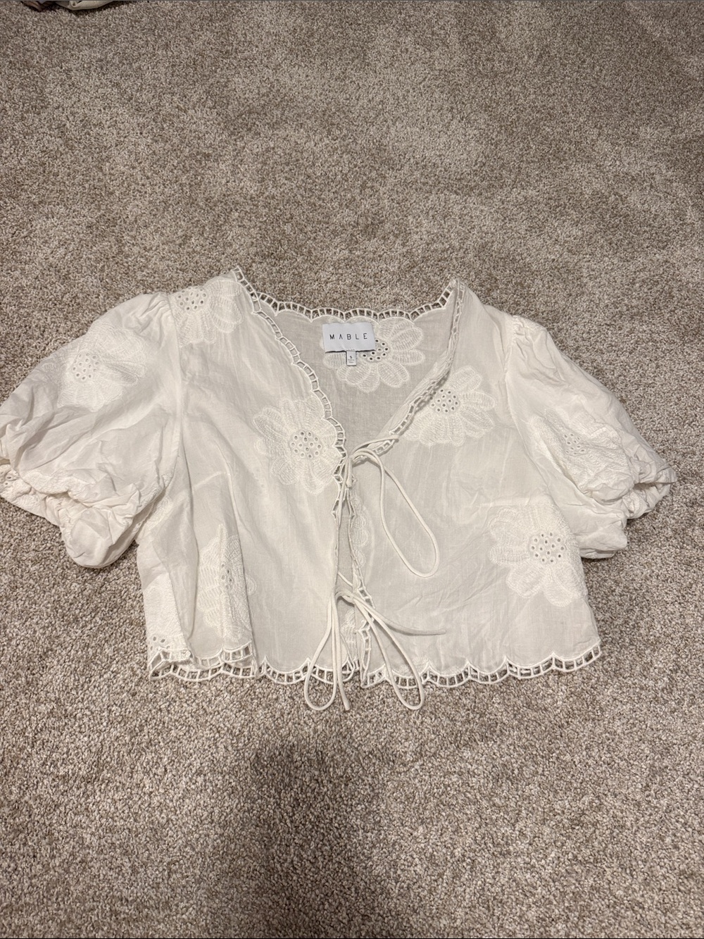 MADE Linen-Blend Ivory Eyelet Tie-Front Puff Sleeve Top